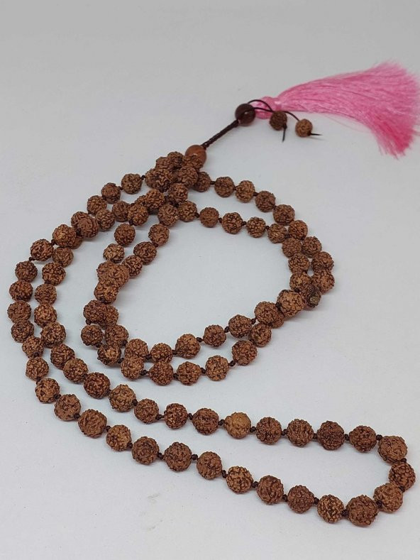 Rudraksha Tohumlu Pembe Püsküllü 108lik Ara Düğümlü El Yapımı Mala Kolye - Resim 3