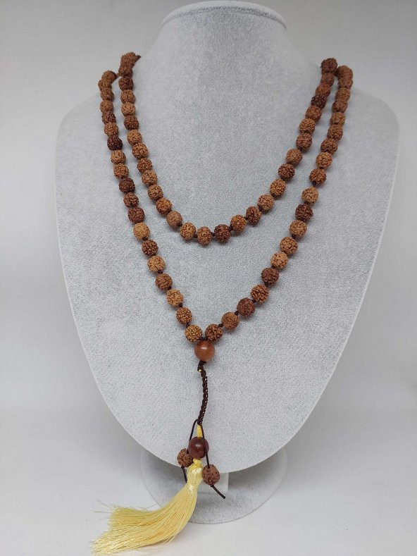Rudraksha Tohumlu Sarı Püsküllü 108lik Ara Düğümlü El Yapımı Mala Kolye