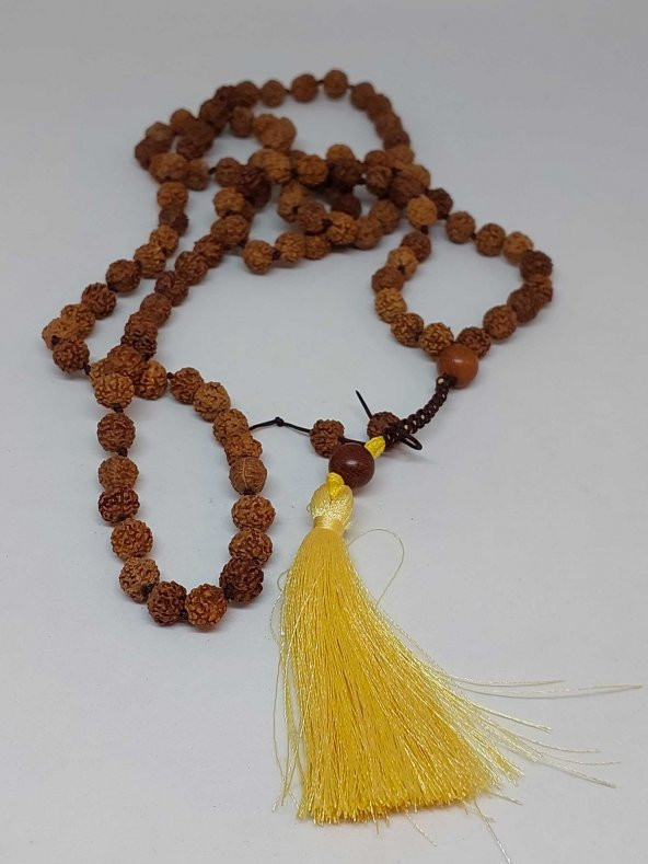 Rudraksha Tohumlu Sarı Püsküllü 108lik Ara Düğümlü El Yapımı Mala Kolye - Resim 2