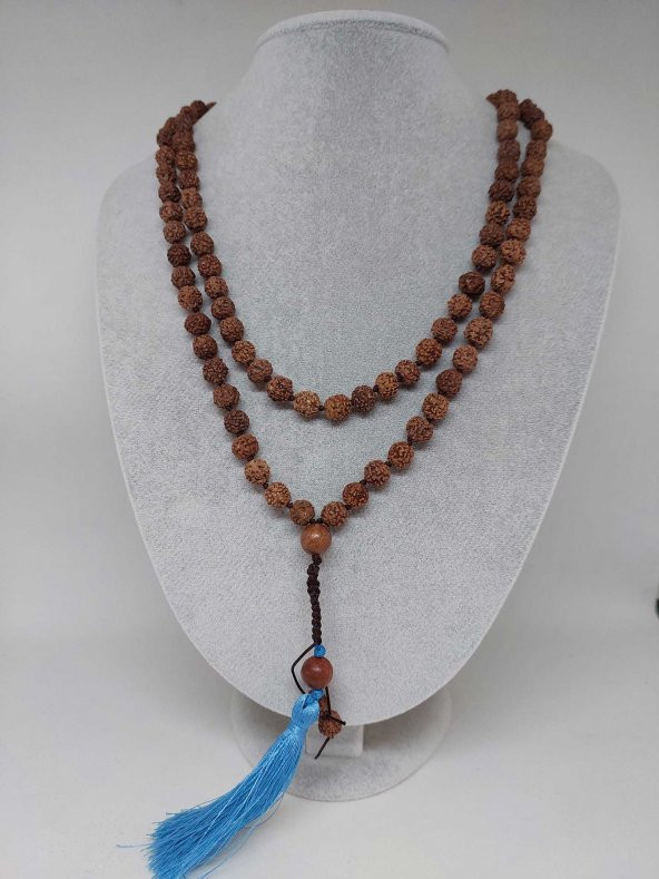Rudraksha Tohumlu Mavi Püsküllü 108lik Ara Düğümlü El Yapımı Mala Kolye ürün görseli