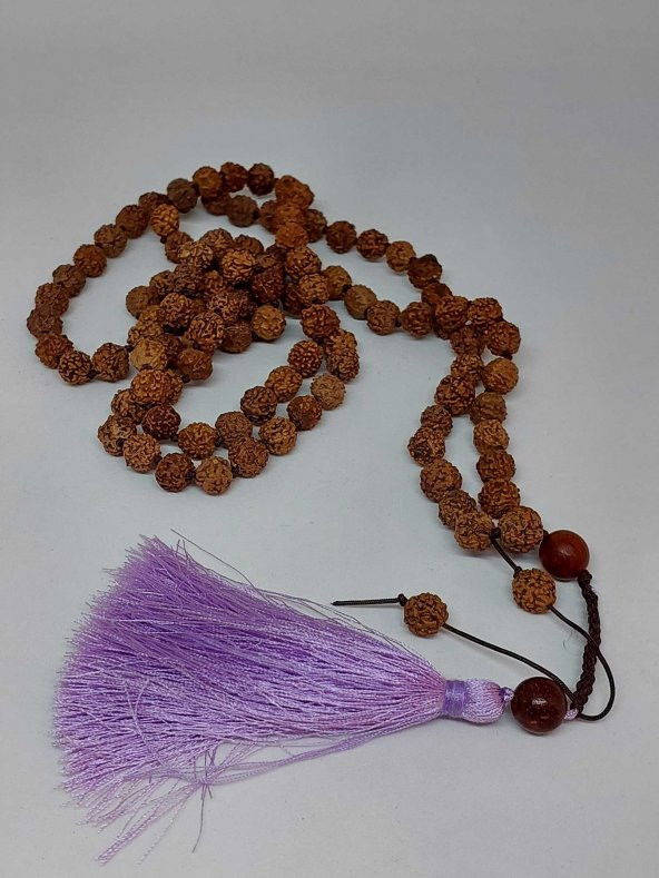 Rudraksha Tohumlu Eflatun Püsküllü 108lik Ara Düğümlü El Yapımı Mala Kolye - 2