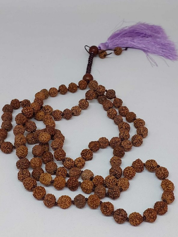 Rudraksha Tohumlu Eflatun Püsküllü 108lik Ara Düğümlü El Yapımı Mala Kolye - 3
