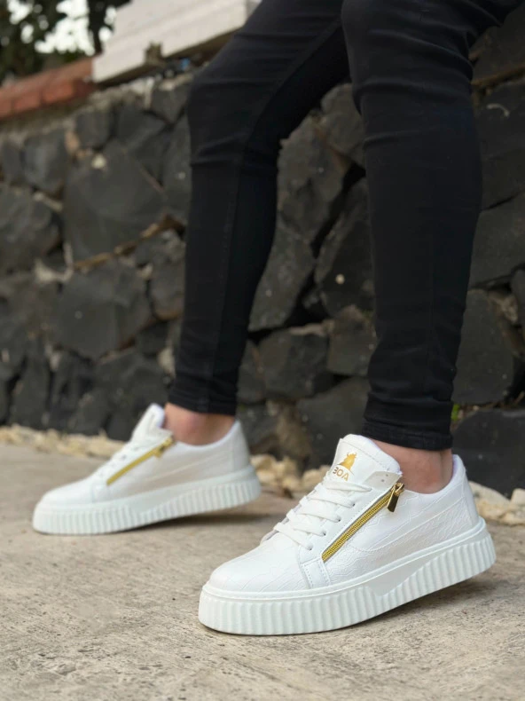 SNR-308 BOA Kalın Yüksek Taban Çift Fermuarlı Beyaz Erkek Ayakkabı - 3