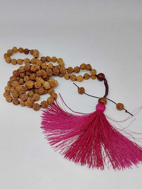 Rudraksha Tohumlu Bordo Püsküllü 108lik Ara Düğümlü El Yapımı Mala Kolye - Resim 2