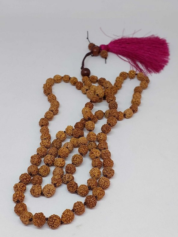 Rudraksha Tohumlu Bordo Püsküllü 108lik Ara Düğümlü El Yapımı Mala Kolye - Resim 3