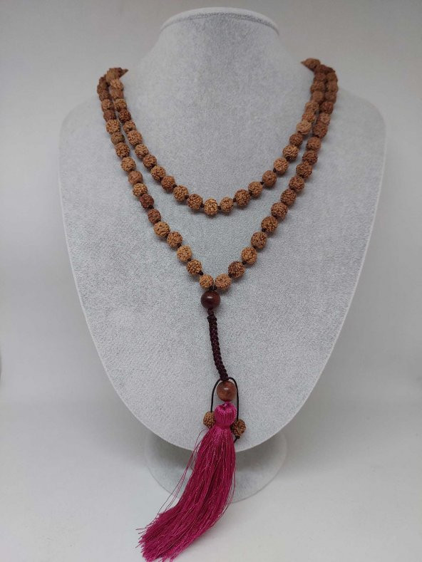 Rudraksha Tohumlu Bordo Püsküllü 108lik Ara Düğümlü El Yapımı Mala Kolye ürün görseli