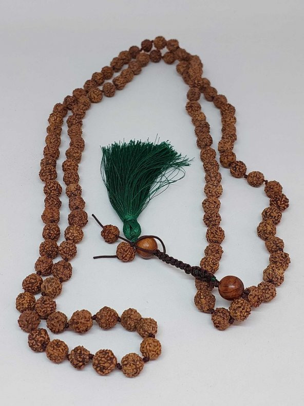 Rudraksha Tohumlu Yeşil Püsküllü 108lik Ara Düğümlü El Yapımı Mala Kolye - Resim 2
