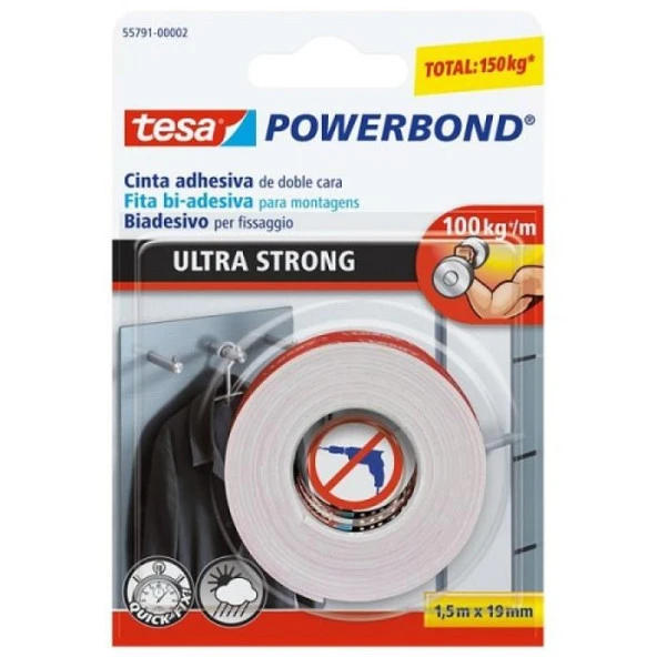Tesa Powerbond Ultra Güçlü 1.5 Metre x 19 MM Çift Taraflı Ultra Güçlü Bant
