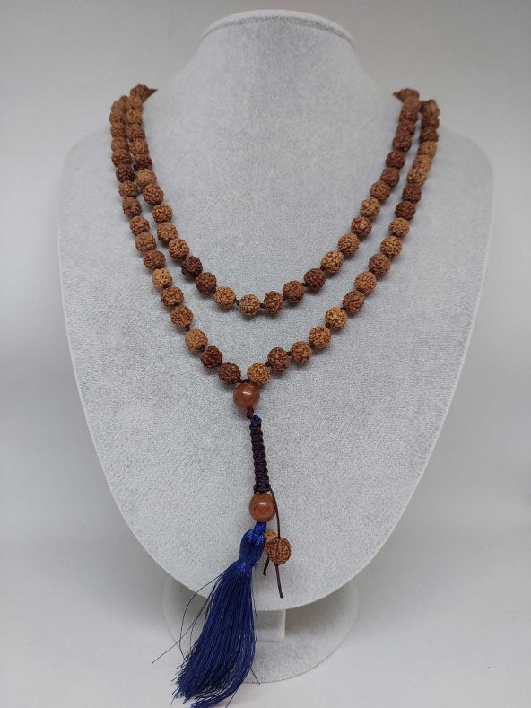 Rudraksha Tohumlu Lacivert Püsküllü 108lik Ara Düğümlü El Yapımı Mala Kolye