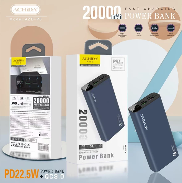 Achida P8 22.5W 20000 mAh QC3.0 Led Ekranlı Powerbank - 8