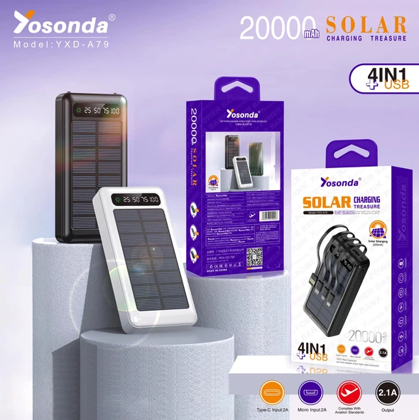 Yosonda A79 20000 mAh Solar Şarj Özellikli 4in1 Ekranlı Powerbank - 12