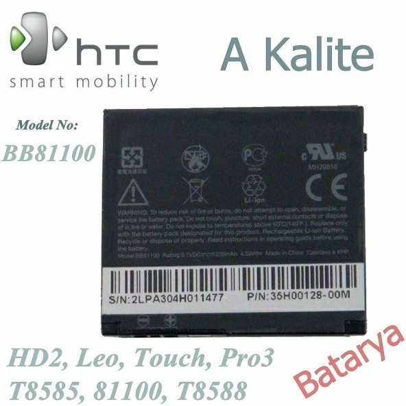 HTC HD2 T8585 81100 T8588 Leo Touch Pro3 BB81100 Uyumlu Yedek Batarya