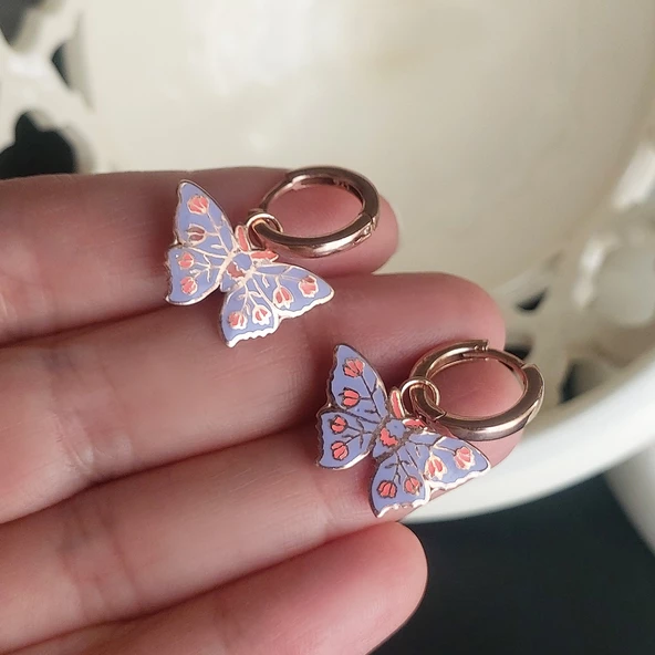 925 Ayar Gümüş Lila Rengi Mineli Kelebek Küpe - Resim 6