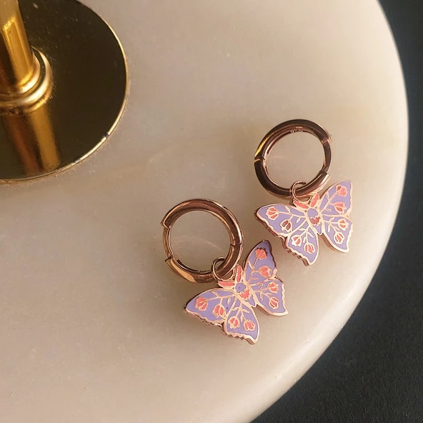 925 Ayar Gümüş Lila Rengi Mineli Kelebek Küpe - Resim 5