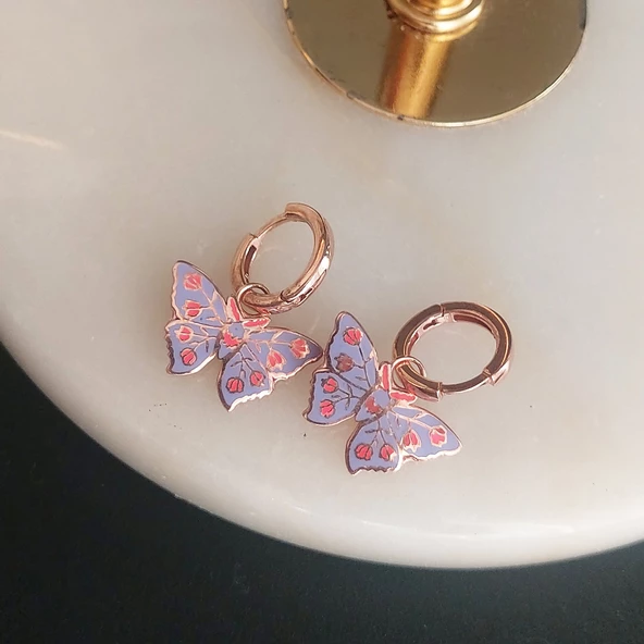 925 Ayar Gümüş Lila Rengi Mineli Kelebek Küpe - Resim 2