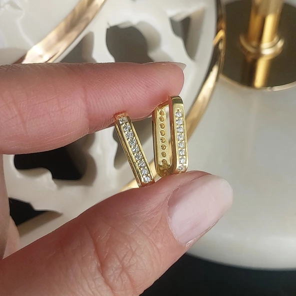 Vaoov 925 Ayar Gümüş Taşlı Dikdörtgen Küpe - 6