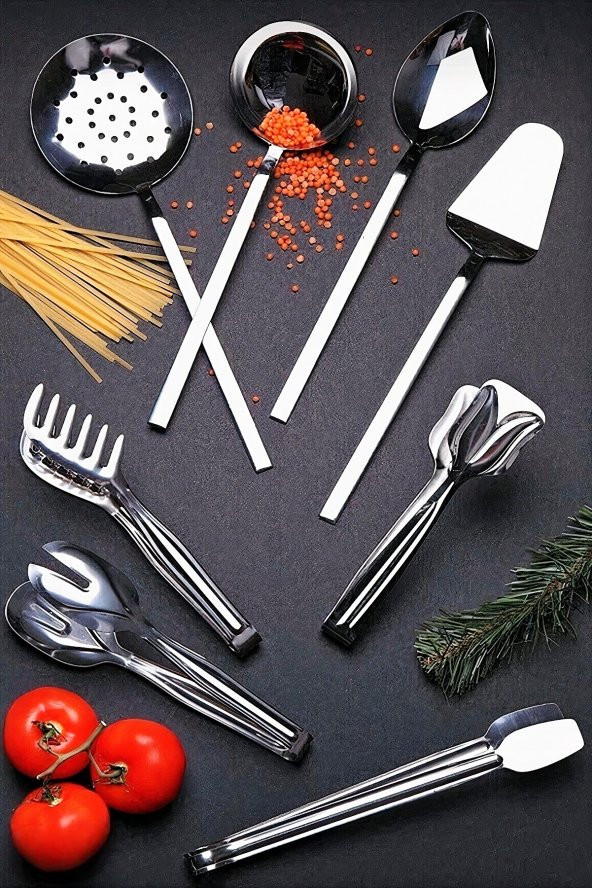 MELYET 8 Parça Çelik Düz Servis Seti Kepçe Kevgir Kaşık Spatula Mutfak Makarna Salata Izgara Pasta Maşası