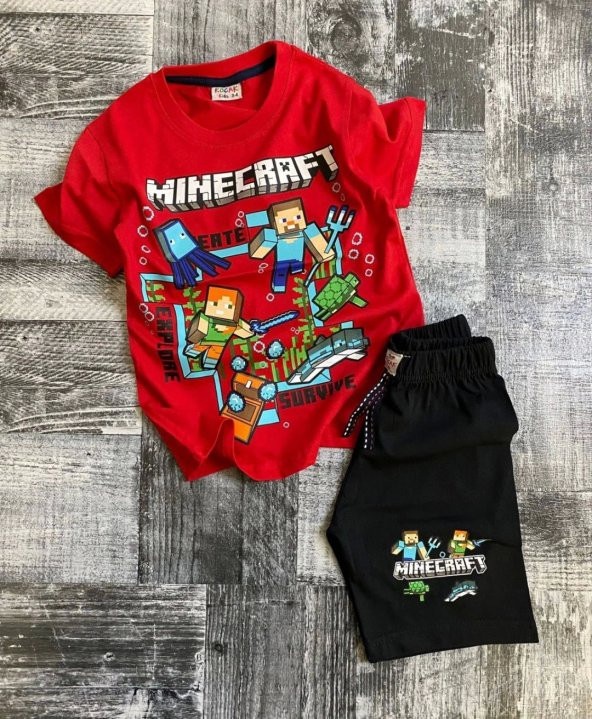 Minecraft Yeni Sezon Kırmızı Renk Şortlu Takım - 1