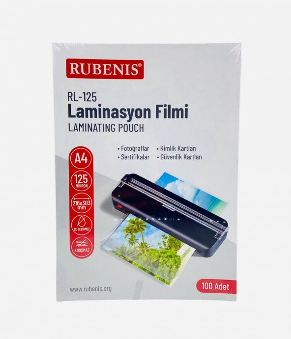 Rubenis A4 Boyut Laminasyon Kaplama Filmi 125 micron 100'Lü Paket