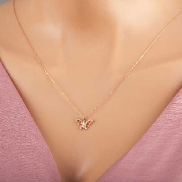 925 Ayar Gümüş Rose Kelebek Kadın Gümüş Kolye ürün görseli