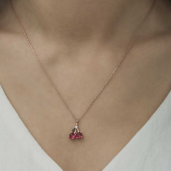 925 Ayar Gümüş Rose Kiraz Figürlü Meyve Kolye - 2