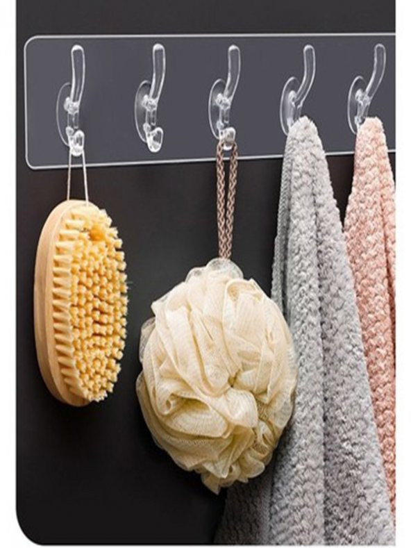 BySevil 5li Kendinden Yapışkanlı Güçlü Şeffaf Askılık - Kapı Arkası Mutfak Duvar Banyo Askısı - 2