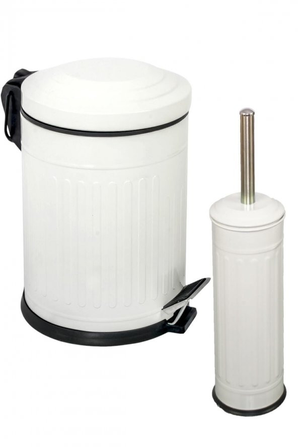 BySevil Vintage 2 Li Çöp Kovası Çöp Kutusu Banyo Seti Çizgili Model Beyaz 5 Litre Ve Wc Fırçası Seti