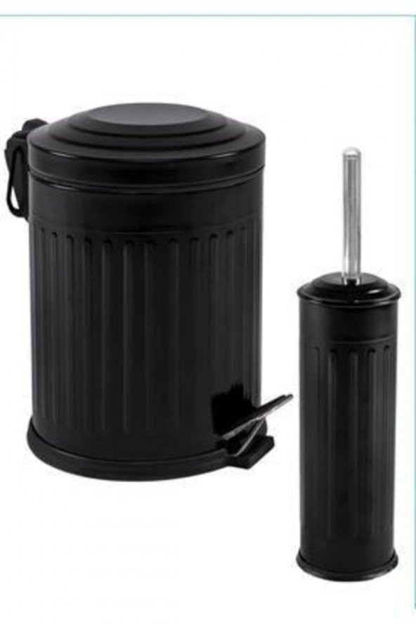 BySevil Vintage 2 Li Çöp Kovası Çöp Kutusu Banyo Seti Çizgili Model Siyah 5 Litre Ve Wc Fırçası Seti