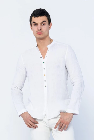 Erkek Regular Fit Hakim Yaka Düğmeli %100 Keten Uzun Kollu  Gömlek - 2