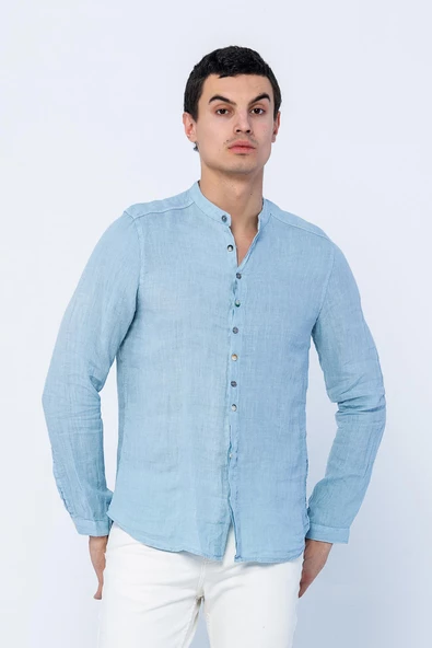 Erkek Regular Fit Hakim Yaka Düğmeli %100 Keten Uzun Kollu  Gömlek - 9