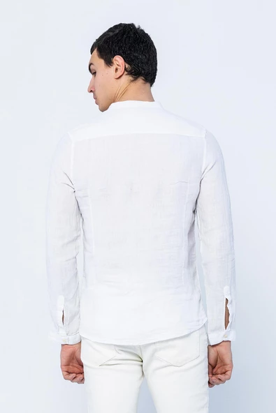 Erkek Regular Fit Hakim Yaka Düğmeli %100 Keten Uzun Kollu  Gömlek - 3