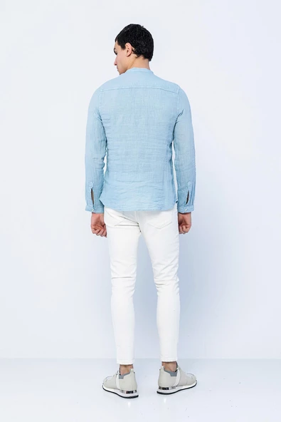 Erkek Regular Fit Hakim Yaka Düğmeli %100 Keten Uzun Kollu  Gömlek - 11