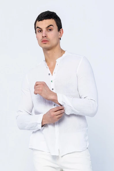 Erkek Regular Fit Hakim Yaka Düğmeli %100 Keten Uzun Kollu  Gömlek - 4