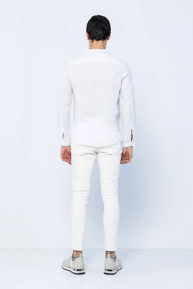 Erkek Regular Fit Hakim Yaka Düğmeli %100 Keten Uzun Kollu  Gömlek - 8