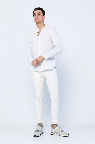 Erkek Regular Fit Hakim Yaka Düğmeli %100 Keten Uzun Kollu  Gömlek - 6