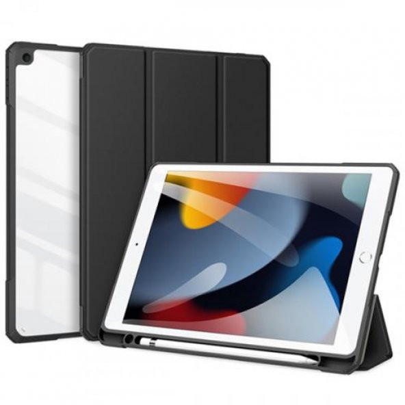 Polham Apple iPad 7, 8, 9 İçin 10.2 İnc Arkası Şeffaf Kapaklı Tablet Kılıfı,Kalem Bölmeli,Uyku Modlu