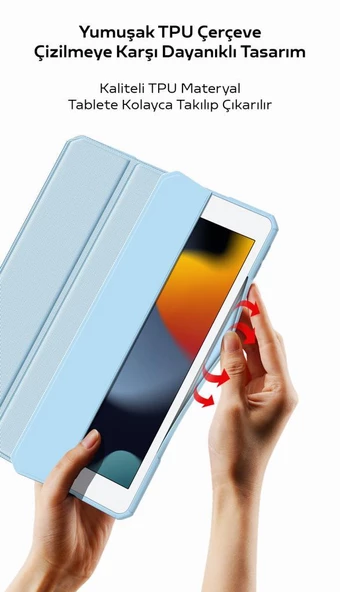 Polham Apple iPad 7, 8, 9 İçin 10.2 İnc Arkası Şeffaf Kapaklı Tablet Kılıfı,Kalem Bölmeli,Uyku Modlu - 5