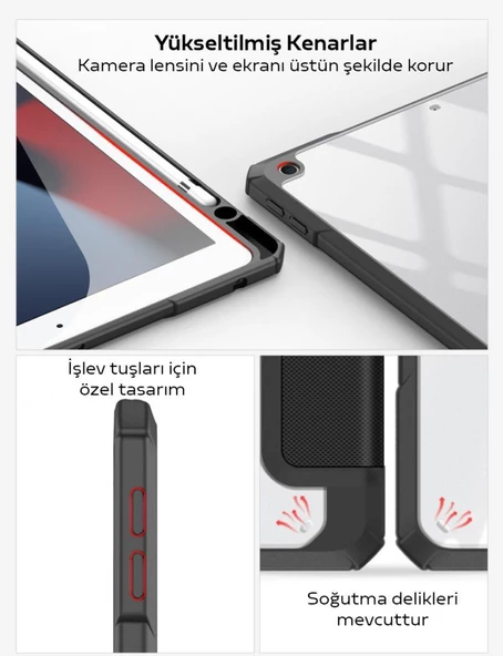 Polham Apple iPad 7, 8, 9 İçin 10.2 İnc Arkası Şeffaf Kapaklı Tablet Kılıfı,Kalem Bölmeli,Uyku Modlu - 8