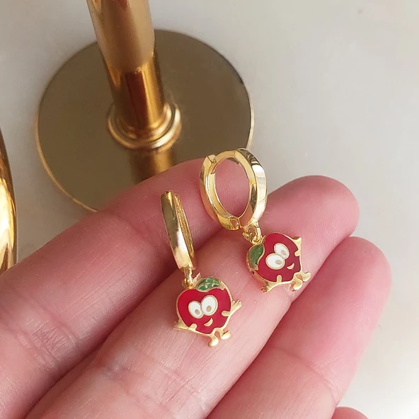 Vaoov 925 Ayar Gümüş Mineli Kırmızı Elma Çocuk Küpe - Resim 3