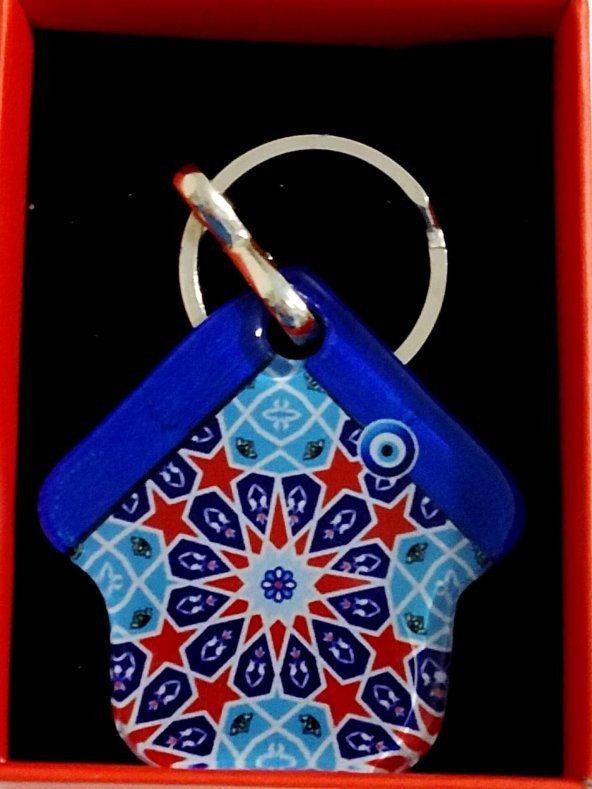 Mavi Çatılı Nazar Boncuklu Ev Şekilli Hediye Kutusunda Füzyon Cam Anahtarlık - 2