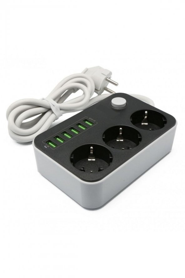 Akım Korumalı 2 Metre 3 Lü Priz 6 Usb Port Çoklu Şarj Aleti - 1