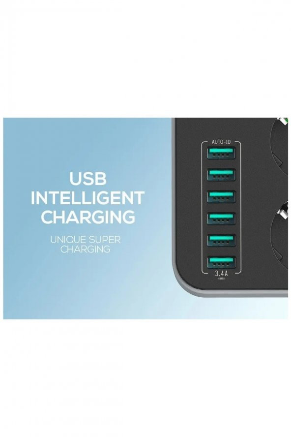 Akım Korumalı 2 Metre 3 Lü Priz 6 Usb Port Çoklu Şarj Aleti - 3