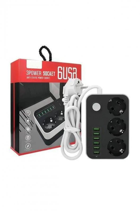 Akım Korumalı 2 Metre 3 Lü Priz 6 Usb Port Çoklu Şarj Aleti - 4