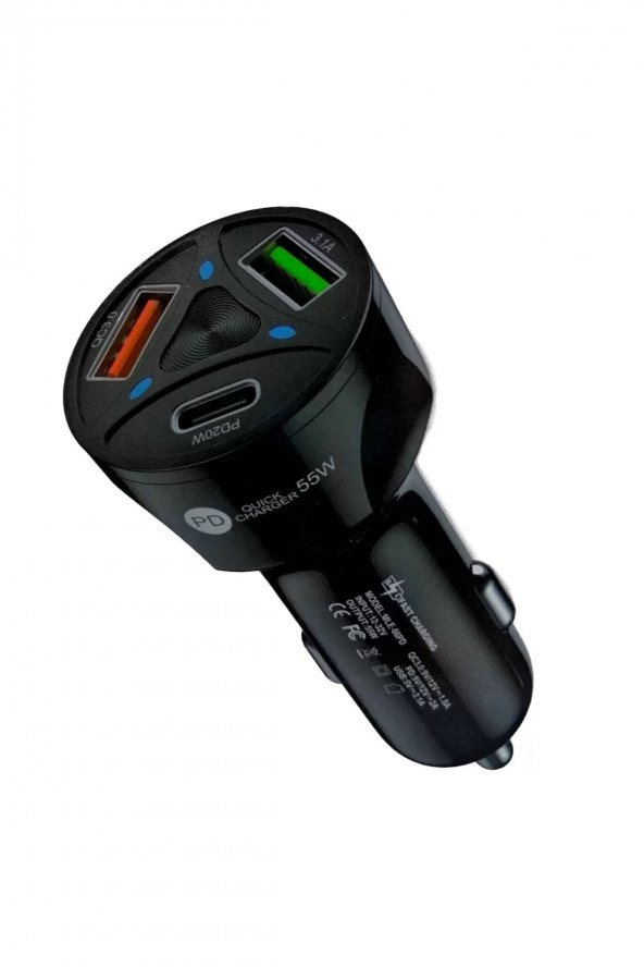 Araç Çakmaklık Şarjı 2 Usb + 20w Pd Şarj Çıkışlı Hızlı Şarj Destekli 55w Qc 3.0 - 2