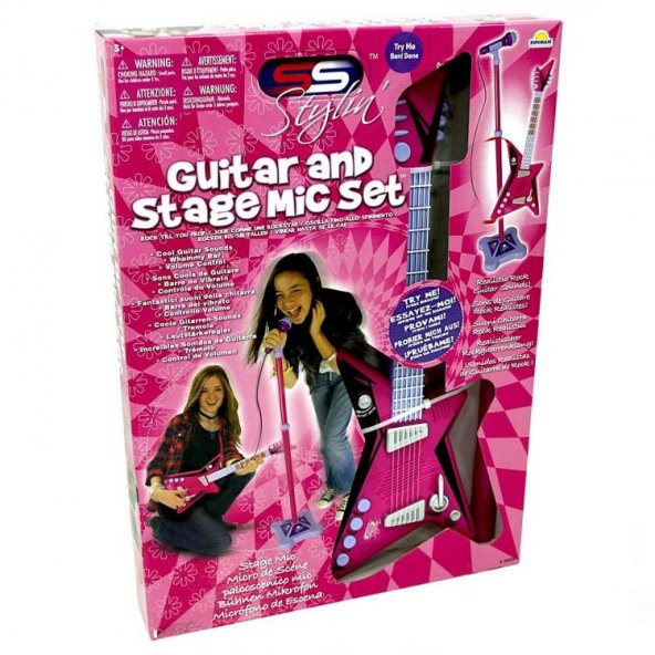 Oyuncak Gitar Karaoke Ayaklı Mikrofonlu Pembe