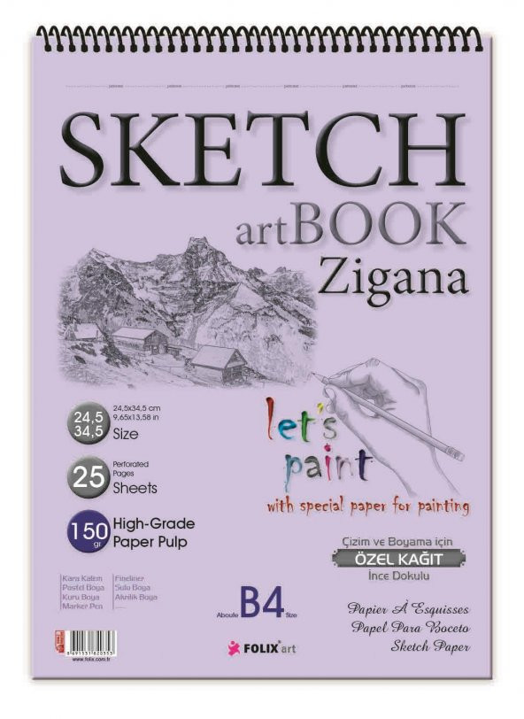 Zigana B4 Spiralli Sketchbook 150 gr. 24,5x34,5 cm 25 yp. Eskiz Defteri