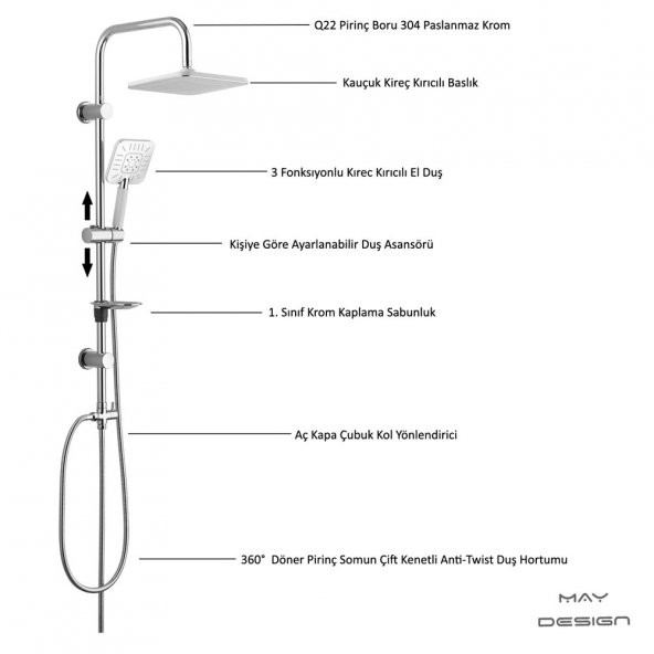 ECA Nita Banyo Bataryası+T-MAY Banyo Çamlıca Kare Tepe Duş Takımı Seti Paslanmaz Krom - Resim 4