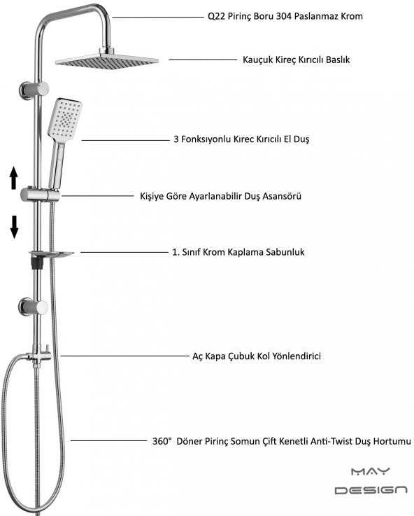 ECA Luna Banyo Bataryası+T-MAY Banyo Belen Kare Tepe Duş Takımı Seti Paslanmaz Krom - Resim 3