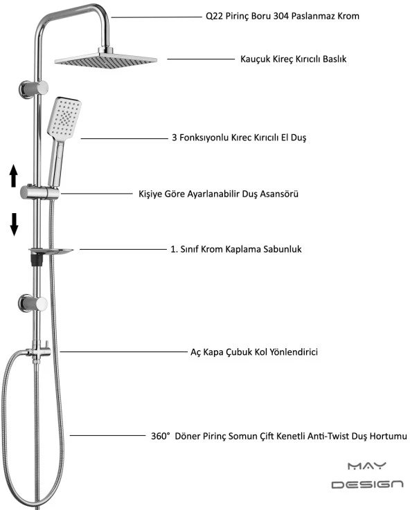 ECA Tiera Banyo Bataryası+T-MAY Banyo Belen Kare Tepe Duş Takımı Seti Paslanmaz Krom - Resim 5