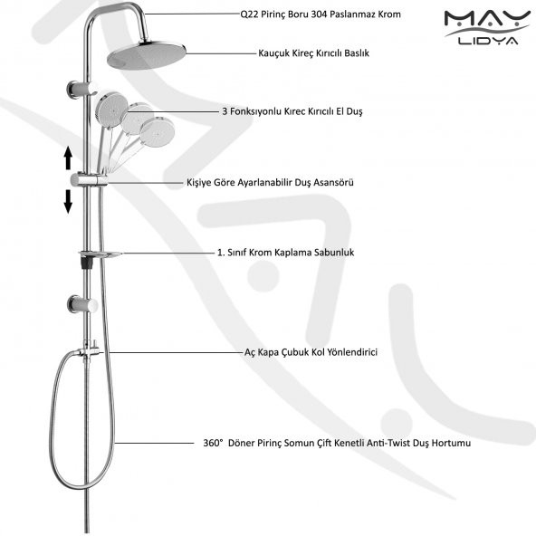Eca Nita Banyo Bataryası+T-May Banyo Lidya Oval Tepe Duş Takımı Seti Paslanmaz Krom - 5